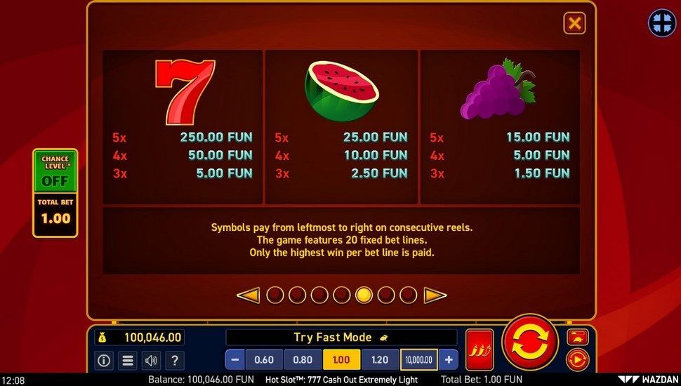 Hot Slot: 777 Cash Out Extremely Light nyerőgép nyereménytábla